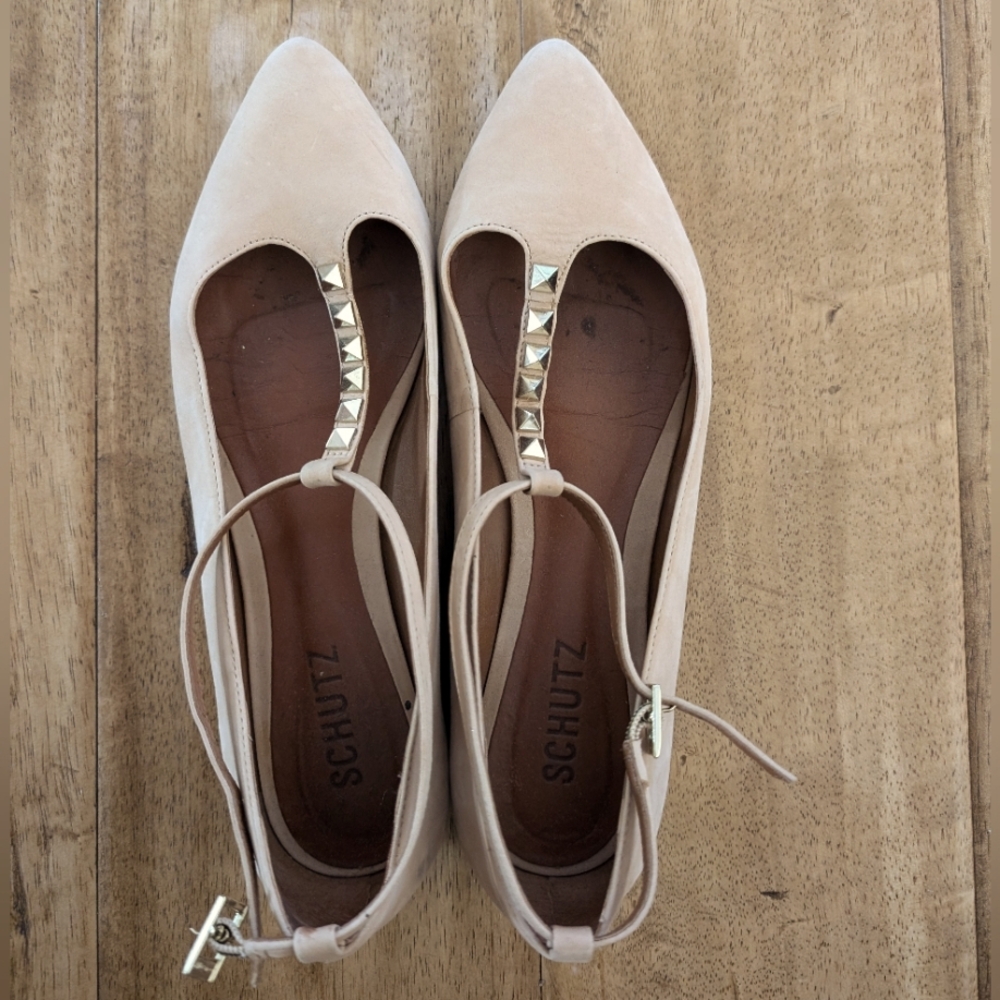 Schultz Suede T-Strap Flats Nude Neutral